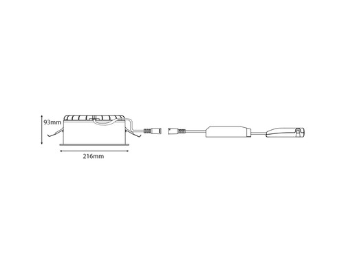 Mått på en infälld spotlight: 93 mm hög och 216 mm lång