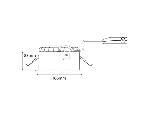 Teknisk ritning av en infälld takspotlight med måtten 83 mm höjd och 166 mm bredd.