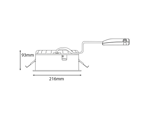 Teknisk ritning av en infälld armatur med måtten 93 mm hög och 216 mm bred.