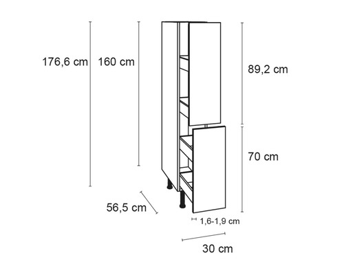 Teknisk ritning av ett köksskåp med dimensioner