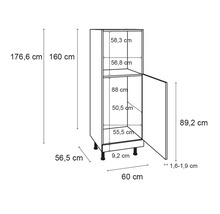 Teknisk ritning av ett köksskåp med dimensioner