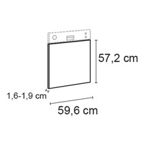 Teknisk ritning av en köksfront med måtten 57,2 cm höjd, 59,6 cm bredd och 1,6 till 1,9 cm djup.