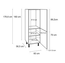 Skiss av ett köksskåp med måtten höjd 176,6 cm, bredd 60 cm och djup 56,5 cm.