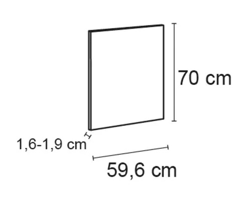 Bild av en möbelpanel med måtten 70 cm hög, 59,6 cm bred och 1,6 till 1,9 cm tjock.