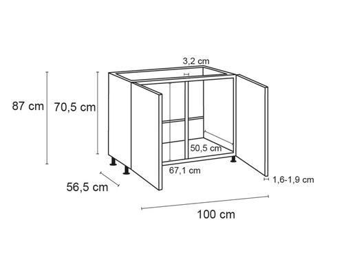 Skiss av ett köksskåp med dimensioner