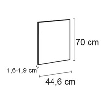Fyrkantig platta med måtten 70 cm hög, 44,6 cm bred och 1,6 till 1,9 cm tjock.