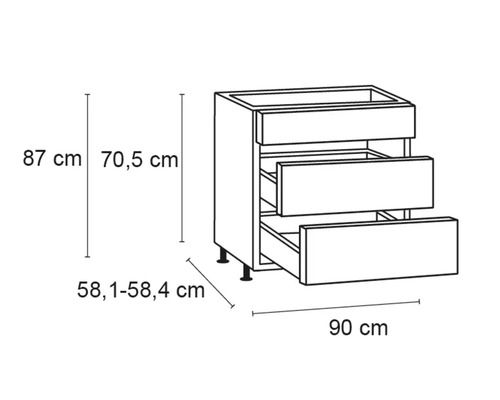 Köksskåp med tre lådor och måttangivelser