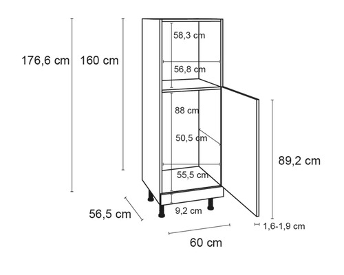 Teknisk ritning av ett köksskåp med dimensioner