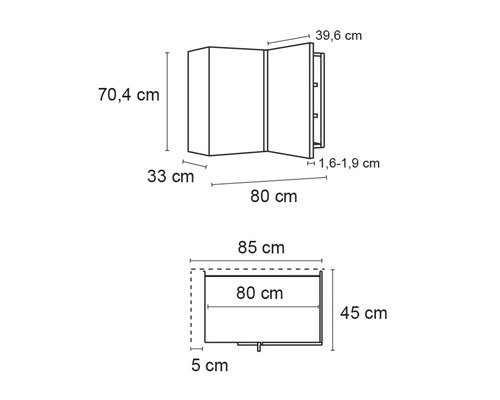 Måttritning av ett spegelskåp med måtten 70,4 cm höjd, 33 cm djup, 39,6 cm bredd och 80 cm längd
