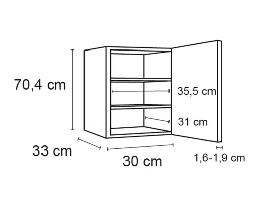 Skåp med måtten höjd 70,4 cm, djup 33 cm, bredd 30 cm