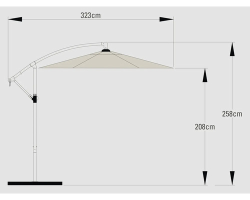 Teknisk ritning av ett parasoll med måtten 323 cm bred och 258 cm hög
