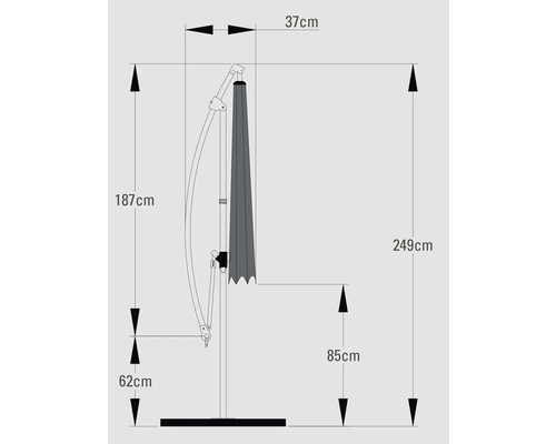 Teknisk ritning av ett parasoll med dimensioner