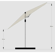 Illustration av ett parasoll med höjdmått 147 cm och 280 cm.