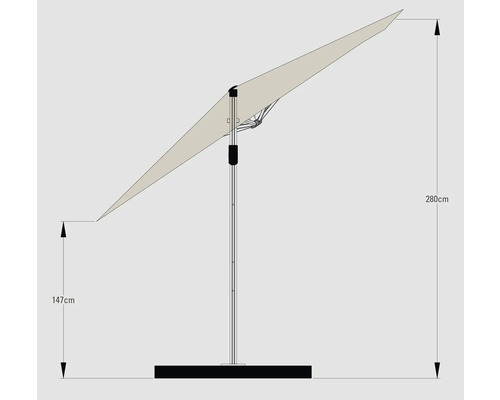 Illustration av ett parasoll med höjdmått 147 cm och 280 cm.