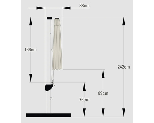 Mått på ett parasoll: 242 cm högt, 38 cm brett, 166 cm till änden av parasollet och 76 cm till den nedre änden av upphängningen