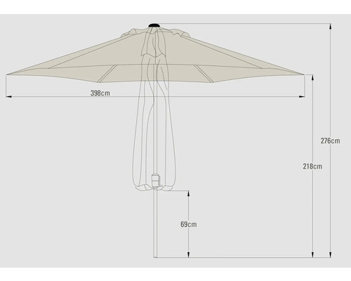 Teknisk ritning av ett parasoll med mått.