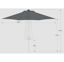 Teknisk ritning av ett parasoll med måtten: 398 cm bred, 276 cm hög, 218 cm höjd upp till parasolltaket och 69 cm fotens höjd.