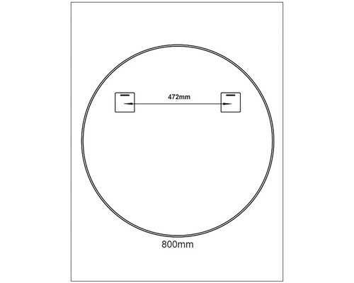 Rund spegelskiss med mått: 800 mm diameter och 472 mm avstånd mellan fästpunkterna.