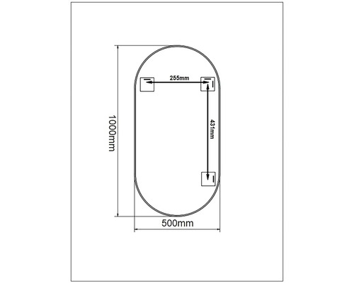 Teknisk ritning av en spegel som mäter 1000 mm hög och 500 mm bred