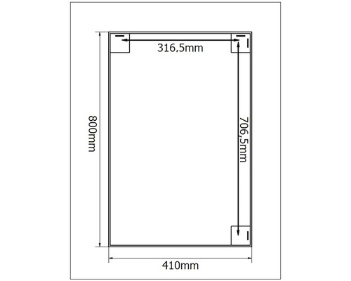 Teknisk ritning med mått för en rektangulär produkt: 800 mm hög, 410 mm bred, interna mått på 316,5 mm och 706,5 mm.