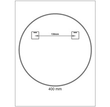 Teknisk ritning av en rund spegel med måtten 400 millimeter i diameter och 138 millimeter avstånd mellan upphängningarna.