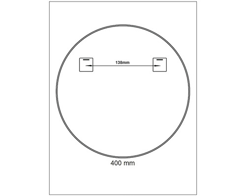 Teknisk ritning av en rund spegel med måtten 400 millimeter i diameter och 138 millimeter avstånd mellan upphängningarna.