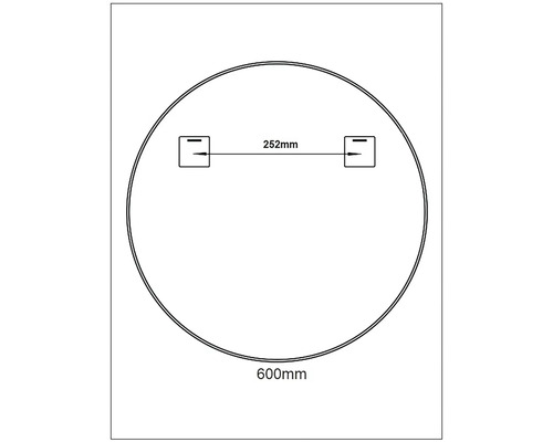 Teknisk ritning av en rund spegel med en diameter på 600 mm och ett avstånd på 252 mm mellan upphängningarna.