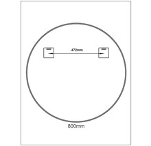 Diagram över en rund spegel med måtten 800 mm i diameter och 472 mm avstånd mellan upphängningspunkterna