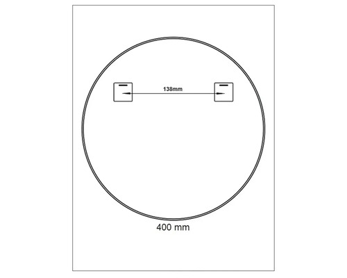 Teknisk ritning av en rund spegel med måtten 400 mm i diameter och ett avstånd på 138 mm mellan upphängningarna.