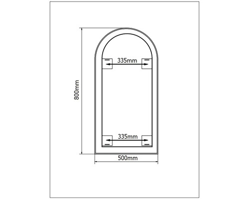 Teknisk ritning av en spegel med måtten 800 mm hög och 500 mm bred