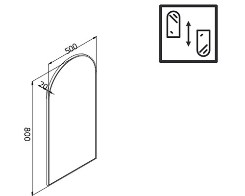 Ritning av en spegel med måtten 800 x 500 mm och en symbol för variabel upphängning