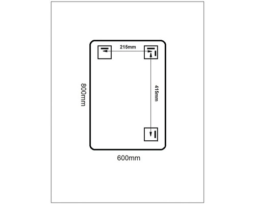 Teknisk ritning av en rektangulär spegel med rundade hörn och måtten 800 gånger 600 millimeter, inklusive upphängningspunkterna med måtten 215 och 415 millimeter.