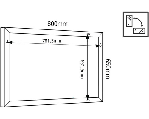 Teknisk ritning av en spegel med måtten 800 mm bredd och 650 mm höjd