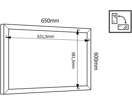 Teknisk ritning av en spegel med måtten 650 mm bred och 600 mm hög.