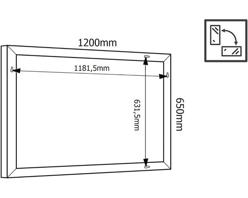 Teknisk ritning av en spegel med måtten 1200 mm gånger 650 mm