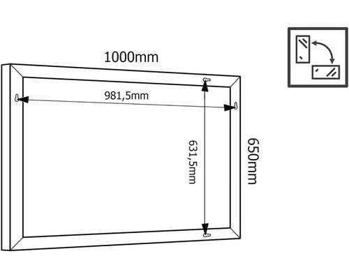 Måttritning av en spegel med en bredd på 1000 millimeter och en höjd på 650 millimeter