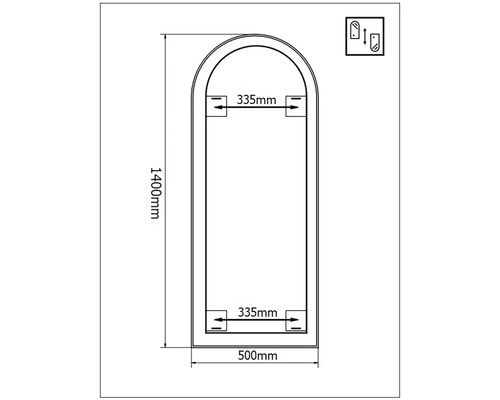 Teknisk ritning av en spegel med måtten 1400 mm höjd och 500 mm bredd