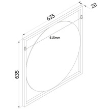 Teknisk ritning av en fyrkantig spegel som mäter 635 x 635 mm och en oval spegelglas med en diameter på 615 mm.
