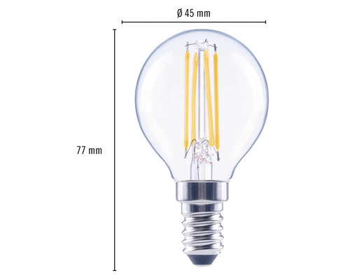 Klar LED-lampa med E14-sockel, 45 mm diameter och 77 mm höjd