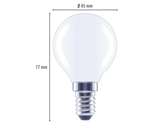 G45 LED-lampa med E14-sockel, cirka 45 millimeter i diameter och 77 millimeter lång