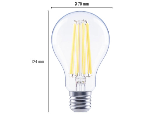 Klar LED-lampa med en höjd på 124 millimeter och en diameter på 70 millimeter.