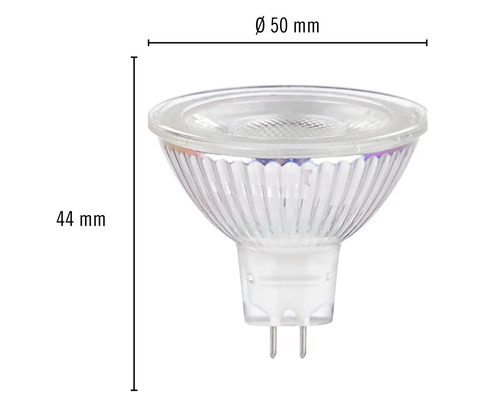 MR16-lampa med en diameter på 50 mm och en höjd på 44 mm