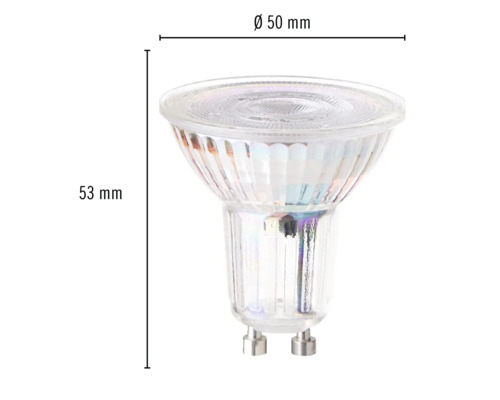 GU10-lampa med dimensionerna 50 millimeter diameter och 53 millimeter höjd