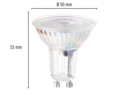 GU10 halogenlampa med en diameter på 50 mm och en höjd på 53 mm
