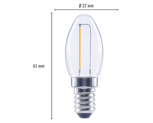 E14 LED-lampa i ljusform med måtten 61 mm höjd och 22 mm diameter