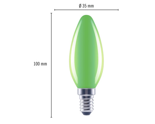 Grön 100 millimeter LED lampa med E14 sockel och 35 millimeter diameter