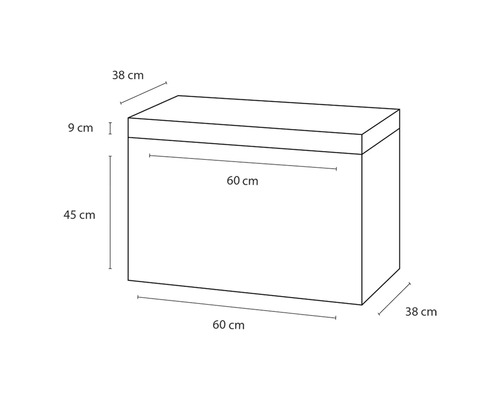 Illustration av en förvaringslåda med måtten 60 cm längd, 38 cm bredd och 45 cm höjd.