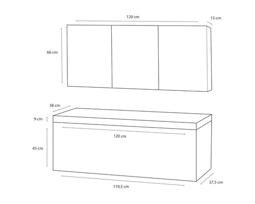 Dimensionsillustration av ett väggskåp och en förvaringsbox
