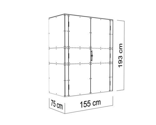 Bild av ett skåp med måtten 193 cm högt, 155 cm brett och 75 cm djupt.