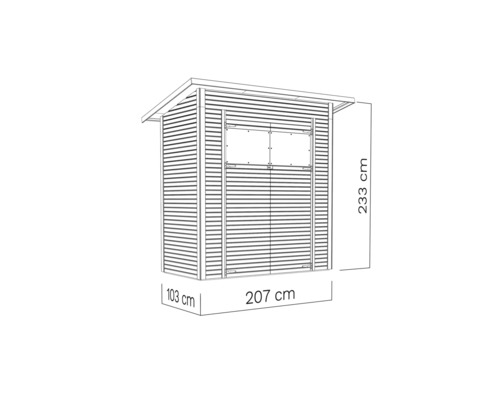 Ritning av ett trädgårdsskjul med måtten 233 x 207 x 103 centimeter.